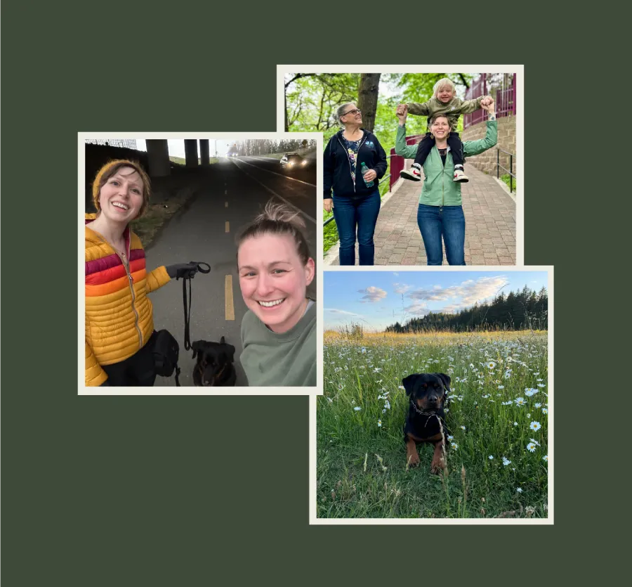 Collage featuring AR Designs founder with family, colleague, and dog – personal behind-the-scenes moments